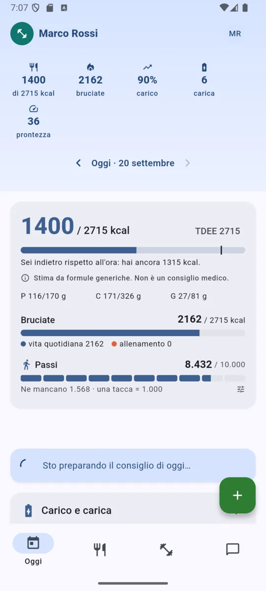 La schermata Oggi: calorie del giorno, passi, peso e allenamento