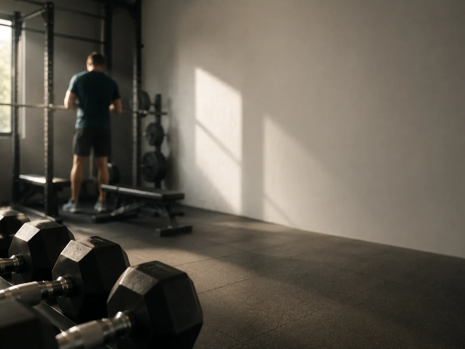Una persona si allena in palestra con il telefono appoggiato alla panca
